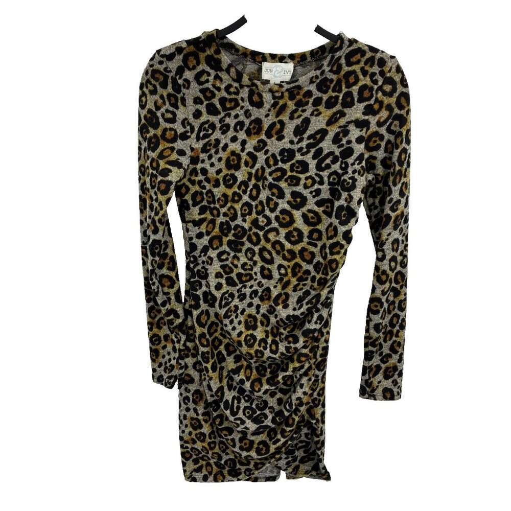 Jun & Ivy Womens Dress Leopard Print Ruched Bodycon Stretch Long Sleeve Small